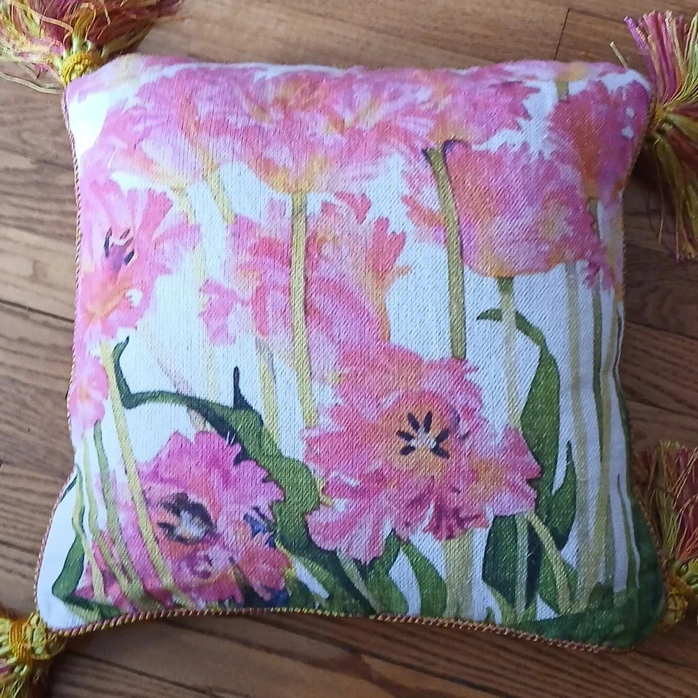 Mackenzie-Childs Parrot Tulip Check Tassled Pillow ■ Retired Vintage Design